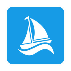 Icono plano velero con ola en cuadrado azul