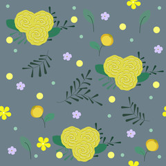 Seamless cute floral pattern. Yellow flowers and buds of roses, leaves, and twigs. Gray background. Vector illustration. Can be used for fabrics, home textiles, wrapping paper 