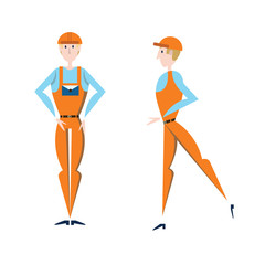 The character of a worker man in overalls, orange uniform. Vector illustration, isolated on white background.