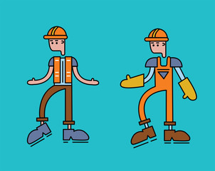 The character of a worker man in overalls, orange uniform. Vector illustration, isolated on white background.