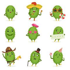 Cute cactus cartoon characters set, cacti activities with different emotions and poses, colorful detailed vector Illustrations © topvectors