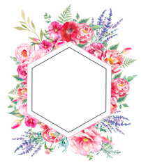 Hexagon floral frame. Hand drawn flowers card design with peony, lavender, fern leaves, anemone and roses. Greeting or wedding template.