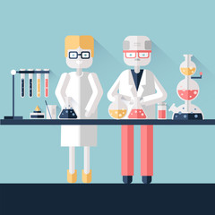 Two scientist chemists in white lab coats in a scientific laboratory. Man and woman make a chemical experiment with substances in test tubes and flasks. Vector illustration in flat style.