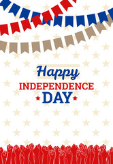 Independence Day in USA, July 4th. Greeting card or banner template, vector design element. Poster with raised hands of many people, voting for freedom and independence