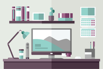 Work office desk with computer monitor. Workplace designer or businessman. Vector illustration.