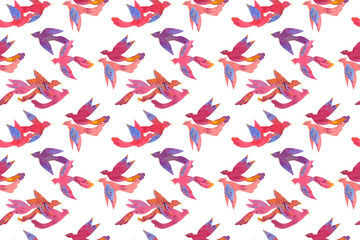 Paper craft watercolor colorful tropical birds, seamless pattern
