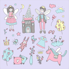 Fairy tale set with with winged characters, the castle, unicorn. Doodle vector illustration in simple childish style.
