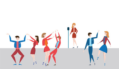 Female singer at the microphone on stage and happy dancing people, men and women. Vector illustration in flat style.