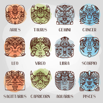 Horoscope. Zodiac signs in ethnic style.
Set of vector zodiac signs in a hand drawn style. Zodiac masks.