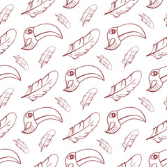 Seamless pattern with hand drawn bird  and feather.  Decorative baby background. .Ethnic ornament with toucan.