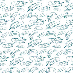 Seamless pattern with hand drawn bird  and feather.  Decorative baby background. .Ethnic ornament with toucan.