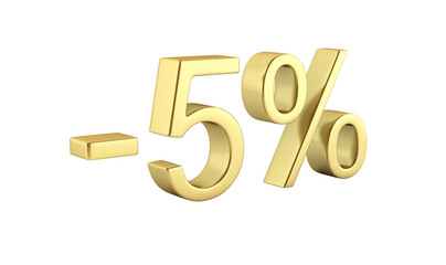 Gold text 5 percent off on white background with reflection without shadow 3D render
