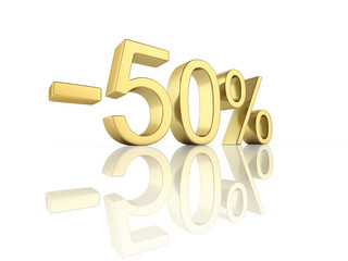 Gold text 50 percent off on white background with reflection 3D render
