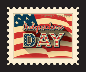 USA Independence day - postage stamp with American flag background. Isolated on black.