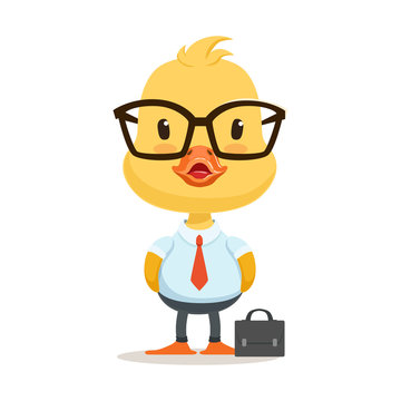 Little cartoon duckling character wearing as office worker, cute emoji vector Illustration