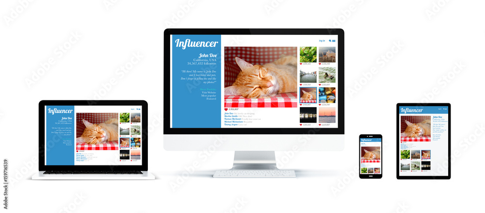 Poster realistic devices isolated with responsive influencer website
