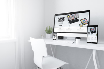  devices on white minimal workspace responsive design website - obrazy, fototapety, plakaty
