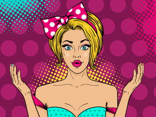 Wow female face. Sexy surprised woman with open mouth, blonde hair and big bow on head rising her hands on halftone background. Vector colorful background in pop art retro comic style. © irina_levitskaya