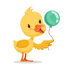 Little cartoon duckling character holding blue balloon, cute emoji vector Illustration