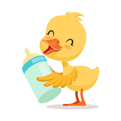 Little yellow duck chick holding a bottle of milk, cute emoji character vector Illustration