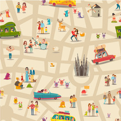 Abstract map seamless vector background. Animals, musicians on the park and people on the bus. Abstract wallpaper. Travel by car, car on the road, open air yoga and other activity on background © coffeee_in