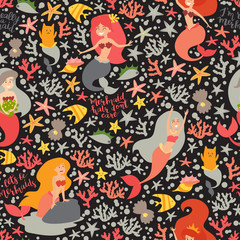 Mermaids girls vector seamless pattern. Cute cartoon background with little mermaid, shell, fish and cat. Decorative wallpaper for fabric, print. Colorful and monochrome colors