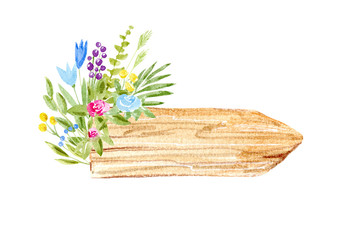 Wood slice and flower wreath.Cross section tree.Wooden arrow.Rustic style.Watercolor hand drawn illustration.White background.