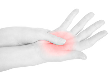 Woman hand with palm pain, red area on white, clipping path