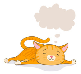cute little cat laying and thinking. red tabby kitten and speech bubble. cartoon vector illustration