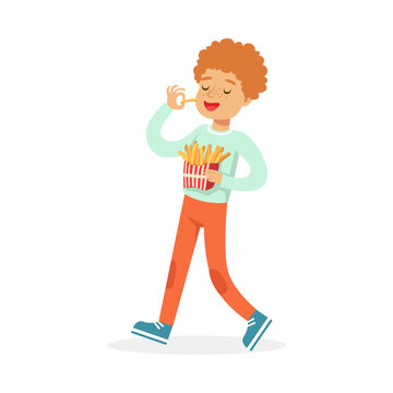 Cute happy boy eating french fries, colorful character vector Illustration
