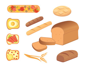 different breads and bakery products vector illustrations. Buns for breakfast. set bake food and toast isolated.