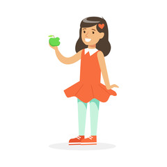 Cute smiling girl in red dress eating green apple, colorful character vector Illustration