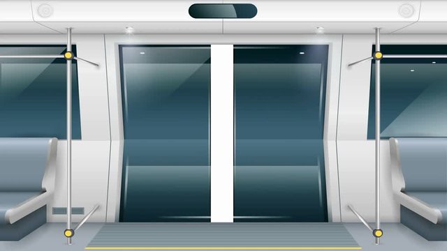 Sliding doors of modern subway car with seating for passengers. Footage video.