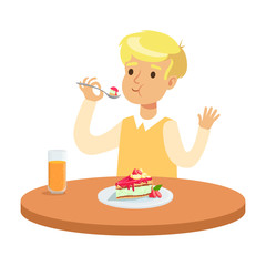 Cute blonde boy sitting at the table and eating a cake, colorful character vector Illustration