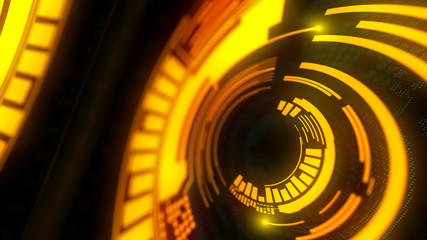 Radial neon glowing yellow HUD closeup. 3d illustration.