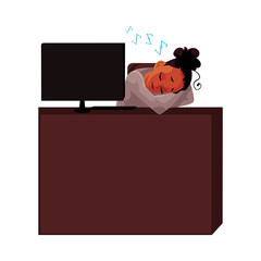 Black, African American businesswoman, secretary, sleeping, snoozing at office desk, cartoon vector illustration isolated on white background. Black businesswoman, secretary snoozing at computer