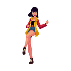 Pretty woman, girl in 1990s style clothes dancing disco, cartoon vector illustration isolated on white background. Black haired girl, woman in 90s style clothing, retro disco party
