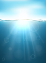 Underwater vertical banner in sea with sunlight shining under. Blue sky and sun on top, vector illustration for water design