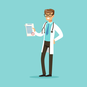 Smiling doctor character standing and holding medical notepad with prescription vector Illustration
