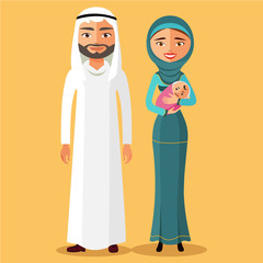 muslim parents with a newborn baby happy.