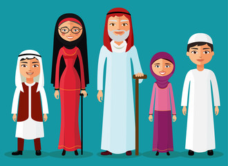 Arab grandparents with grandchildren together in a flat style vector illustration.