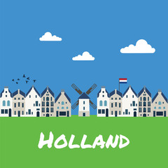 Vector illustration with traditional dutch houses and mills
