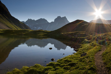 Sunset over mountain lake