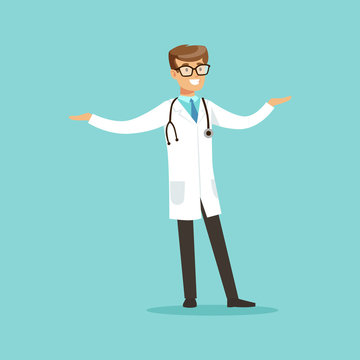 Young smiling male doctor character standing vector Illustration