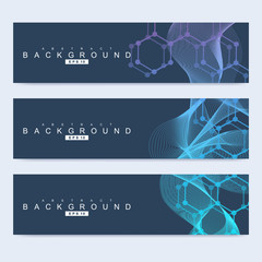 Scientific set of modern vector banners. DNA molecule structure with connected lines and dots. Science vector background. Medical, tecnology, chemistry design.