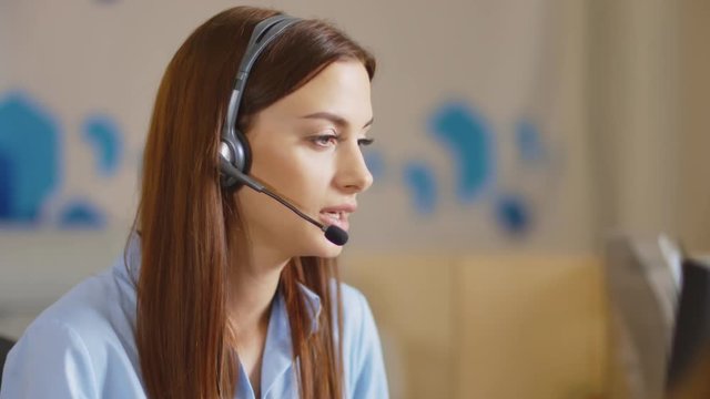 Customer support operator close up portrait. call center smiling operator with phone headset.