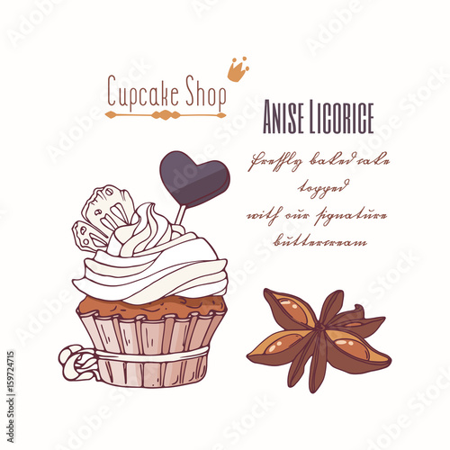 Hand Drawn Cupcake With Stars Of Anise Licorice Candy And Doodle
