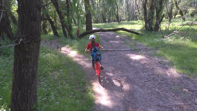 Child on a bicycle in the forest. Little girl on a bicycle with a backpack.