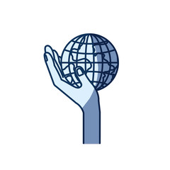 blue color silhouette shading of side view hand holding in palm a earth globe world charity symbol vector illustration