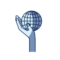 blue color silhouette shading of side view hand holding in palm a globe chart vector illustration